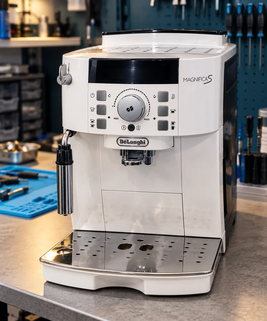 Produktová vizualizácia automatického kávovaru De’Longhi Magnifica S na servisnom pracovisku